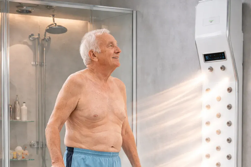 Oudere man met wandelstok staat na het douchen voor de Lavicta lichaamsdroger in de badkamer