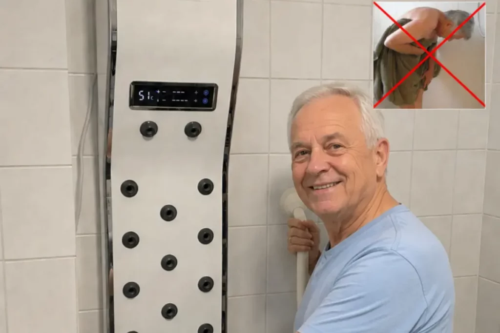Oudere man staat lachend naast de Lavicta lichaamsdroger in een aangepaste badkamer