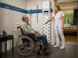 Man in rolstoel krijgt uitleg van een zorgmedewerker bij de Lavicta lichaamsdroger