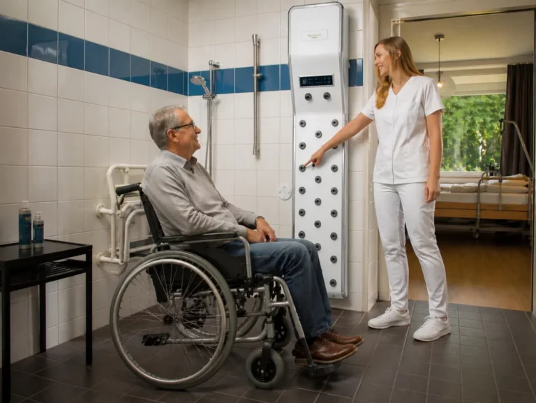 Man in rolstoel krijgt uitleg van een zorgmedewerker bij de Lavicta lichaamsdroger